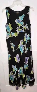 Talbots Pure Silk Woman Size 10 Black Midi Dress Hydrangea Lined Vintage - Picture 1 of 5