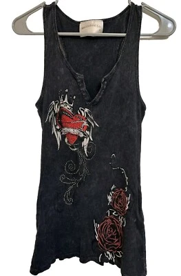 Malanalove Co. Grey Ribbed Tank Top Heart Wings Roses Rhinestones Women’s Small - Image 1 of 4