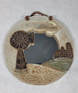 Vintage Handmade Ceramics & Macrame Hanging Wall Mirror Tan Farm Windmill - Picture 1 of 4
