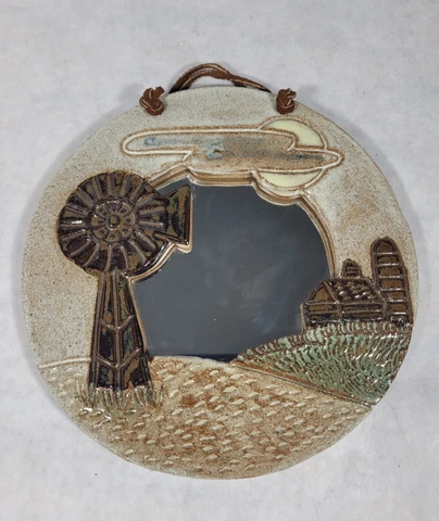 Vintage Handmade Ceramics & Macrame Hanging Wall Mirror Tan Farm Windmill Cover