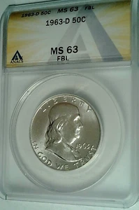 1963-D Franklin US Half Dollar, MS63 by ANACS, FBL, SUPERB LUSTER!! - Picture 1 of 5