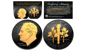 Moneda de diez centavos Roosevelt BU 1946-1949 de plata genuina de Estados Unidos oro de 24 k y rutenio negro completo - Imagen 1 de 1
