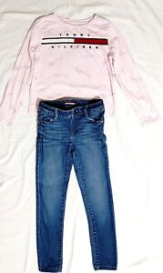2 Pc Girls Tommy Hilfiger Pink L/S Shirt 8-10 Jeans Sz 7 Skinny Adjust Waist