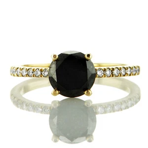 IGI Certified Natural Black Treated Round Diamond 14K Solid Yellow Gold Ring - Picture 1 of 8