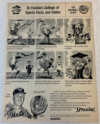 1971 Spalding baseball gloves ad ~ TOM SEAVER New York Mets ~ Jack Davis art Cover