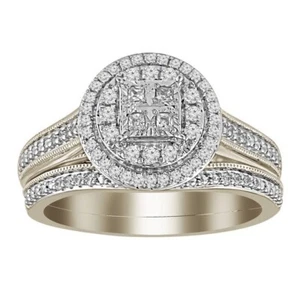 0.33 Cttw Princess Diamond Round Cluster Wedding Ring Band Set 10k White Gold - Picture 1 of 2