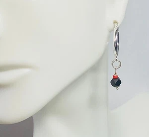 Sterling Silver and Genuine 4mm Azabache Jet Hoop Earrings - Picture 1 of 7