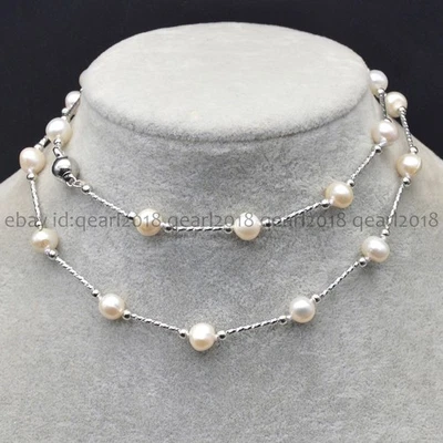 Collar estación perlas blancas de agua dulce naturales genuinas de 8-9 mm 14-100 pulgadas Foto 1 de 4