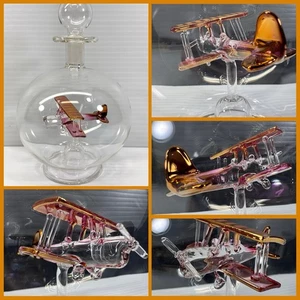 Hand Blown Glass Two-Seater Biplane In A Round Globe Bottle  6”T x 4”W Very Nice - Picture 1 of 11