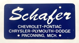 SCHAFER CHEVROLET PONTIAC CHRYSLER PLYMOUTH DODGE piastra di potenziamento vintage PINCONNIG MI - Foto 1 di 3