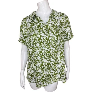 Liz Claiborne Green White Floral Button Up Short Sleeve Womens Shirt XL NWT - Picture 1 of 15