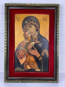 Vintage Russian Icon Original Painting on Wood Mother of God Pochaevskaya Signed - Picture 1 of 10