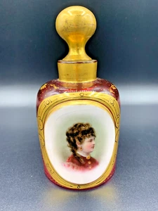 Botella perfume de vidrio arándano dorado bohemio MOSER retrato pintado 1920 - Imagen 1 de 14