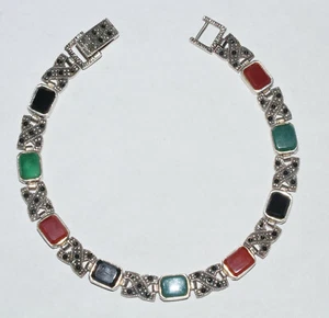 Pulsera de tenis vintage de plata esterlina Marcasita de varias piedras - Imagen 1 de 12