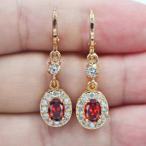 18K Yellow Gold Filled Women Oval Red Topaz Zircon Dangle Earrings Jewelry - Picture 1 of 1