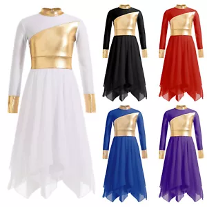 Niños Niñas Metálico Litúrgico Alabanza Adoración Baile Vestido Asimétrico Ropa de baile - Imagen 1 de 54