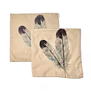 2 FEATHER Design Throw Pillow Covers 17" Square Teal Blue Brown Linen Zipper - Picture 1 of 9