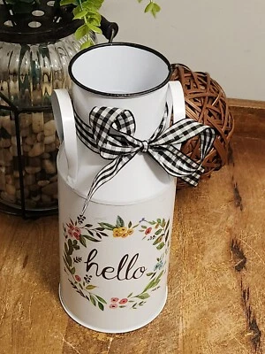 Milk Can Jug Farmhouse Flower Vase Décor hello Buffalo Plaid Ribbon 3½"x9" - Image 1 of 4