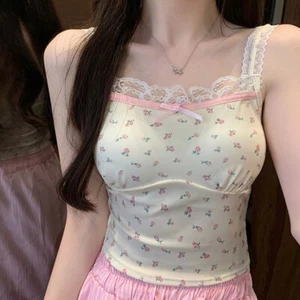 Summer Hot Girl Pure Desire Lace Patchwork Floral Slim Camisole With Chest Pad - Picture 1 of 13