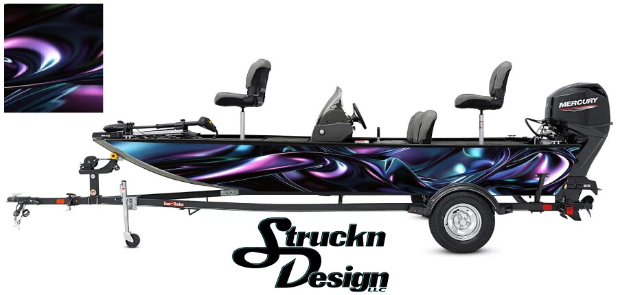 Purple Abstract Graphic Wrap Kit Decal Fishing Boat Pontoon Vinyl Swirl Black 3D - Image 1 of 1