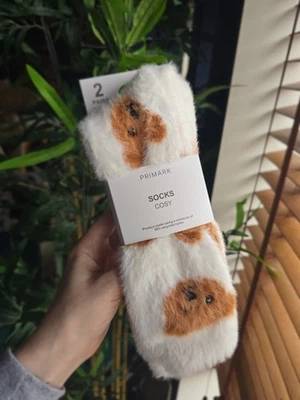 2 pack viral brown teddy bear cosy socks. primark warm white home cute - Image 1 of 4
