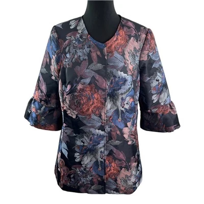 3 Sisters Multi Jacket Floral V-Neck Button Front Ruffle 3/4 Sleeve Size Large L Foto 1 de 4