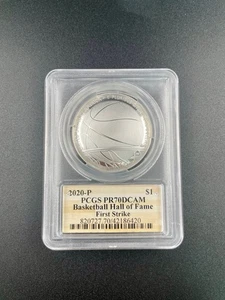 2020-P FIRST STRIKE BASKETBALL HALL OF FAME PROOF SILVER DOLLAR PR70 DCAM PCGS - Picture 1 of 2