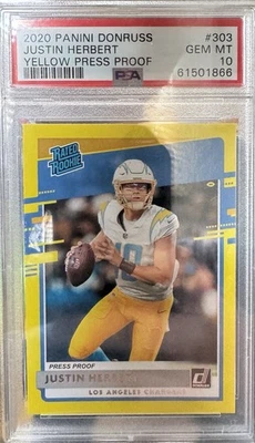 Panini Donruss 2020 | amarillo a prueba de prensa novato Justin Herbert #303 PSA gema como nuevo Foto 1 de 2