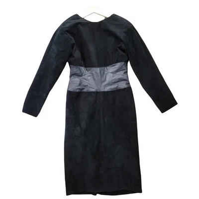 Vtg Cedars Suede Midi Dress Size 12 Black Leather Open Back 80s 90s Retro Pencil - Image 1 of 4