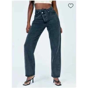 Princess Polly Jeans Women 6 Black Crossover Button Fly High Rise Baggy Straight - Picture 1 of 10