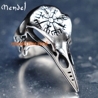MENDEL Mens Nordic Viking Raven Skull Vegvisir Ring Stainless Steel Size 7 8-15 - Image 1 of 4