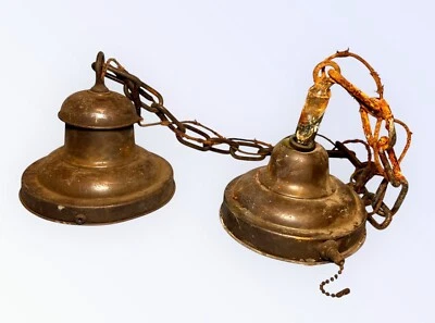 Antique BRASS Ceiling Light Fixture Chandelier + Canopy Bar & Chain 6” Shade Fit - Image 1 of 4