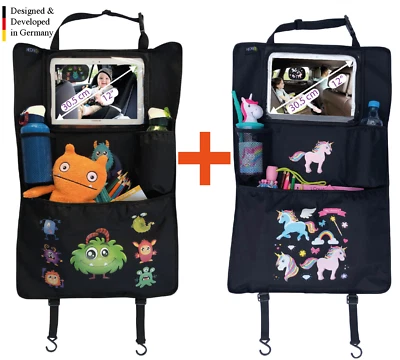 2x HECKBO Monster & Einhorn Auto Organizer mit verstellbarer Tablet Tasche