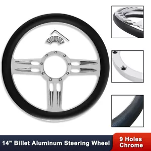 Black 14" Chrome Billet Aluminum Bullet Steering Wheel 9 Holes Half Wrap Leather - Picture 1 of 6