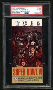 1972 Super Bowl VI 6 biglietti Stub White Cowboys 24 Dolphins 3 Staubach MVP PSA 4 - Foto 1 di 2
