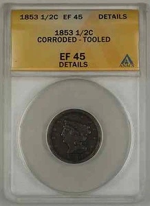 1853 Braided Hair Half Cent Coin ANACS Corroded Tooled EF-45 Details - Picture 1 of 2