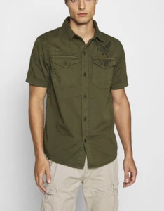 BNWT Schott NYC Short Sleeve Military Style Shirt Khaki L M Guaranteed Original - Picture 1 of 12