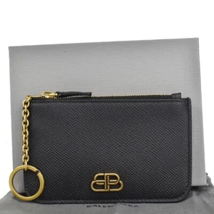 BALENCIAGA BB Logo Coin Wallet Purse Key Ring Leather Black Gold Italy 65RH003 - Picture 1 of 20