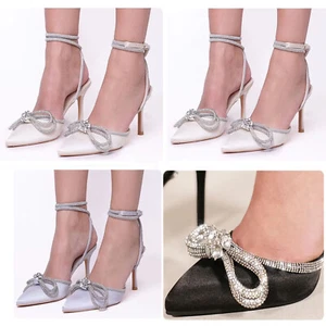 WOMENS LADIES MID HEEL POINT DIAMANTE BOW ANKLE STRAP PARTY SANDALS SHOES SIZE - Picture 1 of 5