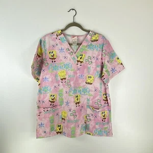 Nickelodeon SpongeBob Womens Large Nursing Scrub Top Shirt Pink Yellow Pockets - Picture 1 of 10