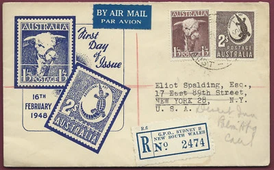 1948 Australia 1'3 Bull & 2/- Crocodile GPO SYDNEY REGISTERED FDC New York USA - Image 1 of 3
