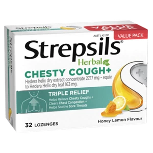 Strepsils Herbal Chesty Cough + 32 Lozenges - Honey Lemon Flavour Sore Throat - Picture 1 of 2