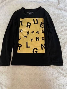 True Religion Youth Kids Metallic Gold Box Logo Black Long Sleeve T Shirt Small - Picture 1 of 7