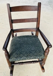 Vintage 1900's Child's Wooden Rocking Chair with arms, Green fabric Seat 21.5"H - Picture 1 of 5