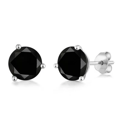 18K White Gold Black Diamond 3 Prong Stud Earrings For Women (2.20cttw, - Image 1 of 4