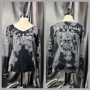Sledge USA Women’s Large L/S Shirt Black Fleur de Lis Tie Dye Ribbed Knit Y2K - Picture 1 of 13