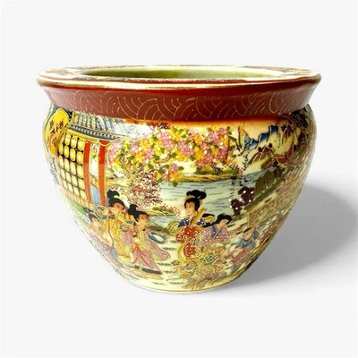 Винтажная китайская ваза для рассады рыбы в стиле САЦУМА с цветочным рисунком и гейшей - Изображение 1 из 4
