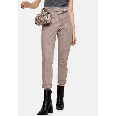 TOPSHOP Cropped Mom Jeans Women's W28 L30 Beige Foldover Waist Slash Pockets - Image 1 of 4