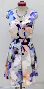 PORTMANS White Floral DRESS Size Aus 12 Fit & Flare Satin Green Cocktail Party - Picture 1 of 7