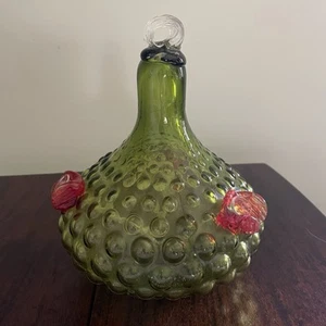 Studio Glass Art Hummingbird Feeder hand blown Green hobnail 8" tall 3 hole - Picture 1 of 5